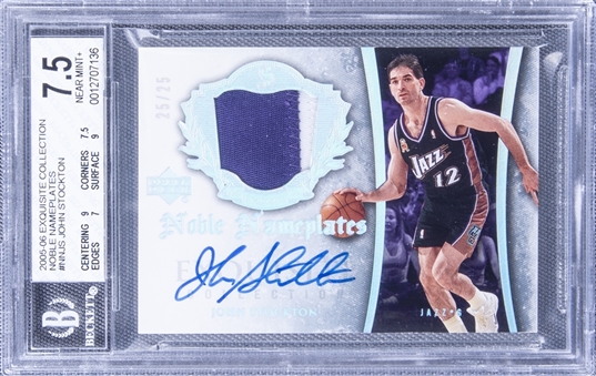 2005-06 UD "Exquisite Collection" Noble Nameplates #NNJS John Stockton Signed Game Used Patch Card (#25/25) - BGS NM+ 7.5/BGS 10